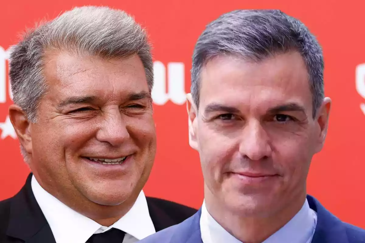 Montaje de Joan Laporta sonriendo mientras mira a Pedro Sánchez