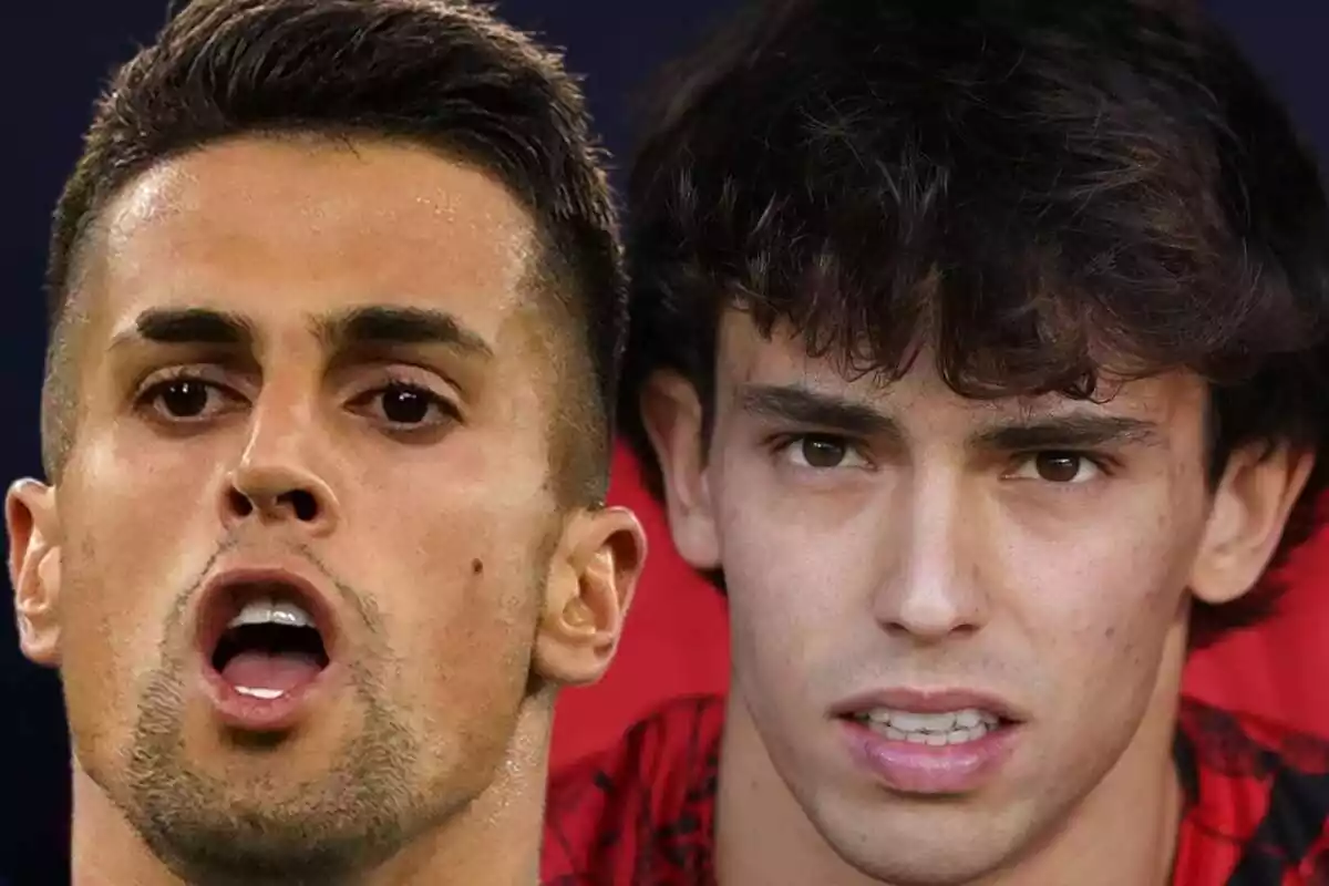 Montaje de Joao Cancelo con la boca abierta y Joao Félix con cara seria