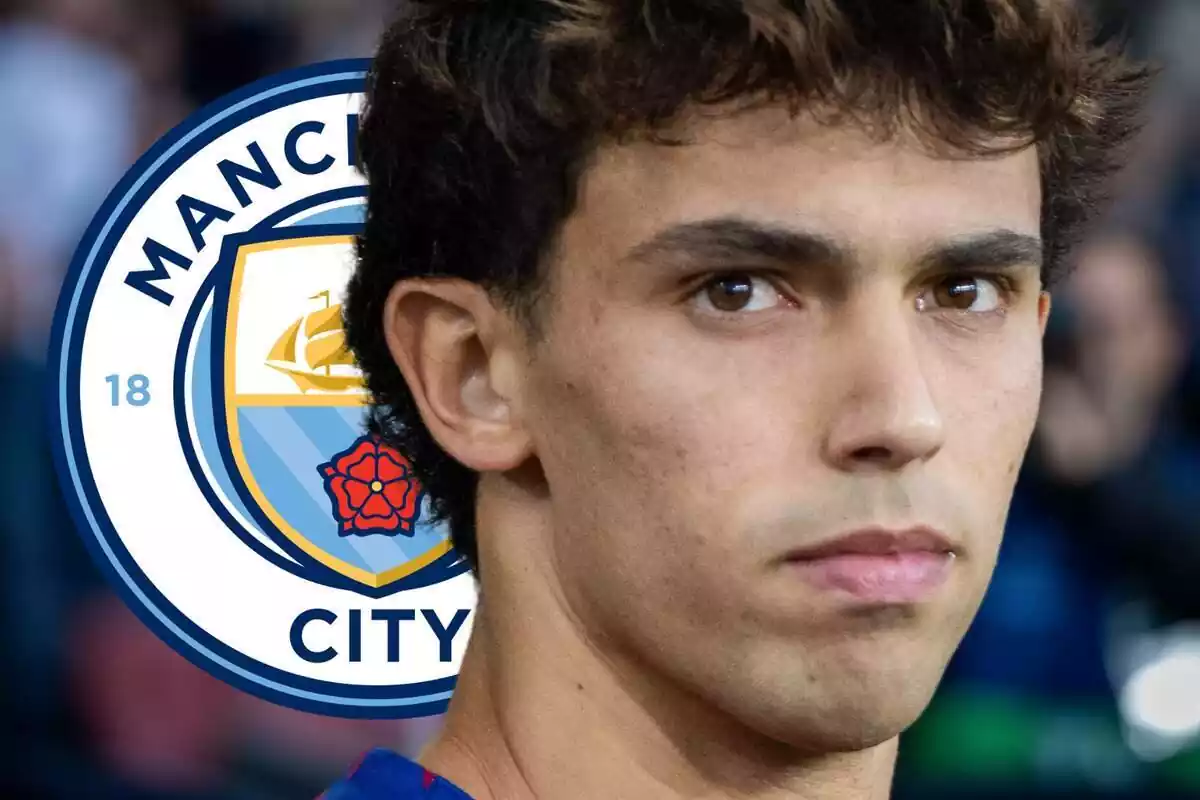 Joao Félix en primer plano con el escudo del Manchester City al fondo