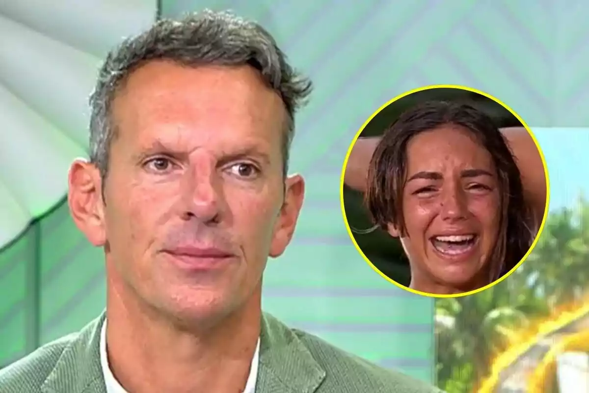 Joaquín Prat de cabello corto y canoso con expresión seria en Vamos a ver en primer plano, al fondo un círculo amarillo muestra a Anita llorando con las manos en la cabeza en Supervivientes.