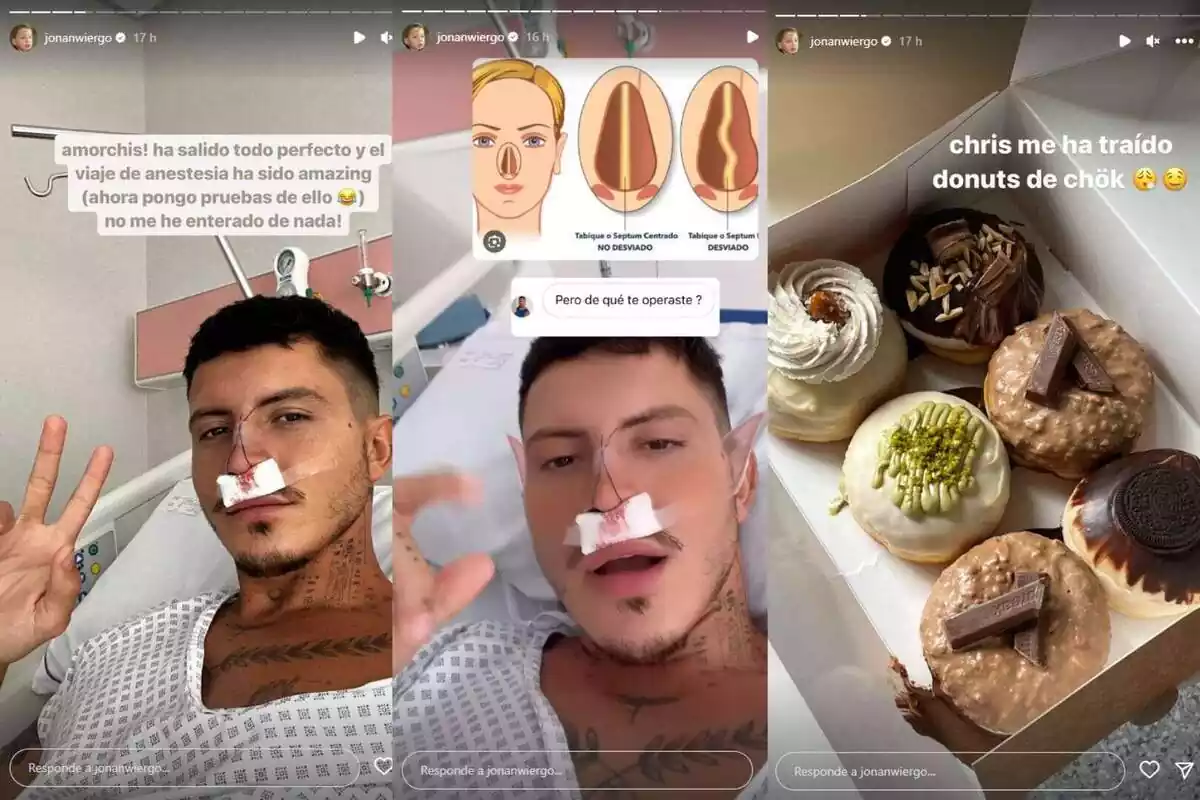 Montaje de tres stories de Jonan Wiergo en Instagram después del post operatorio en el hospital y una caja de donuts el 30 de agosto de 2023 Montaje de tres stories de Jonan Wiergo en Instagram después del post operatorio en el hospital y una caja de donuts el 30 de agosto de 2023