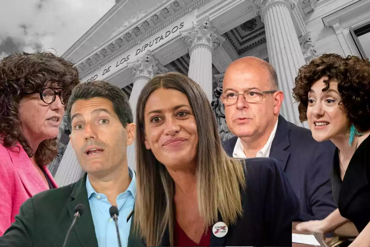 Montaje con el congreso de los diputados en blanco y negro de fondo, y en primer plano los políticos Teresa Jordà, Nacho Martín Blanco, Míriam Nogueras, Jose Zaragoza y Aina Vidal