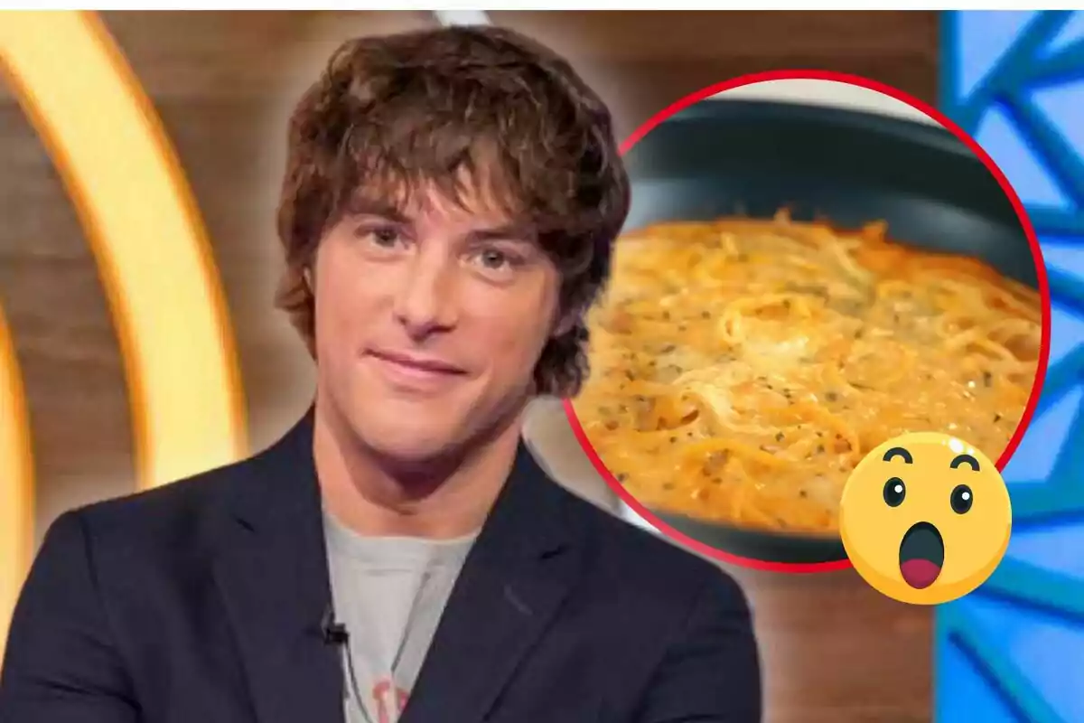 Un hombre sonriente con cabello castaño y una imagen de un plato de pasta con salsa anaranjada y un emoji sorprendido.