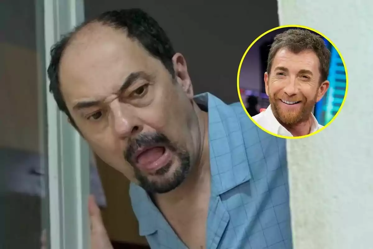 Jordi Sánchez con expresión sorprendida asomándose por una puerta en La que se avecina con un recuadro que muestra a Pablo Motos sonriendo en El Hormiguero.