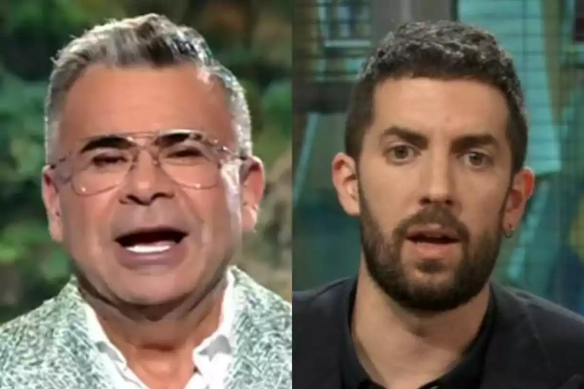 Dos hombres aparecen en primer plano, Jorge Javier Vázquez con gafas y cabello canoso en Supervivientes a la izquierda y David Broncano con barba y cabello oscuro en La Revuelta a la derecha, ambos con expresiones serias.