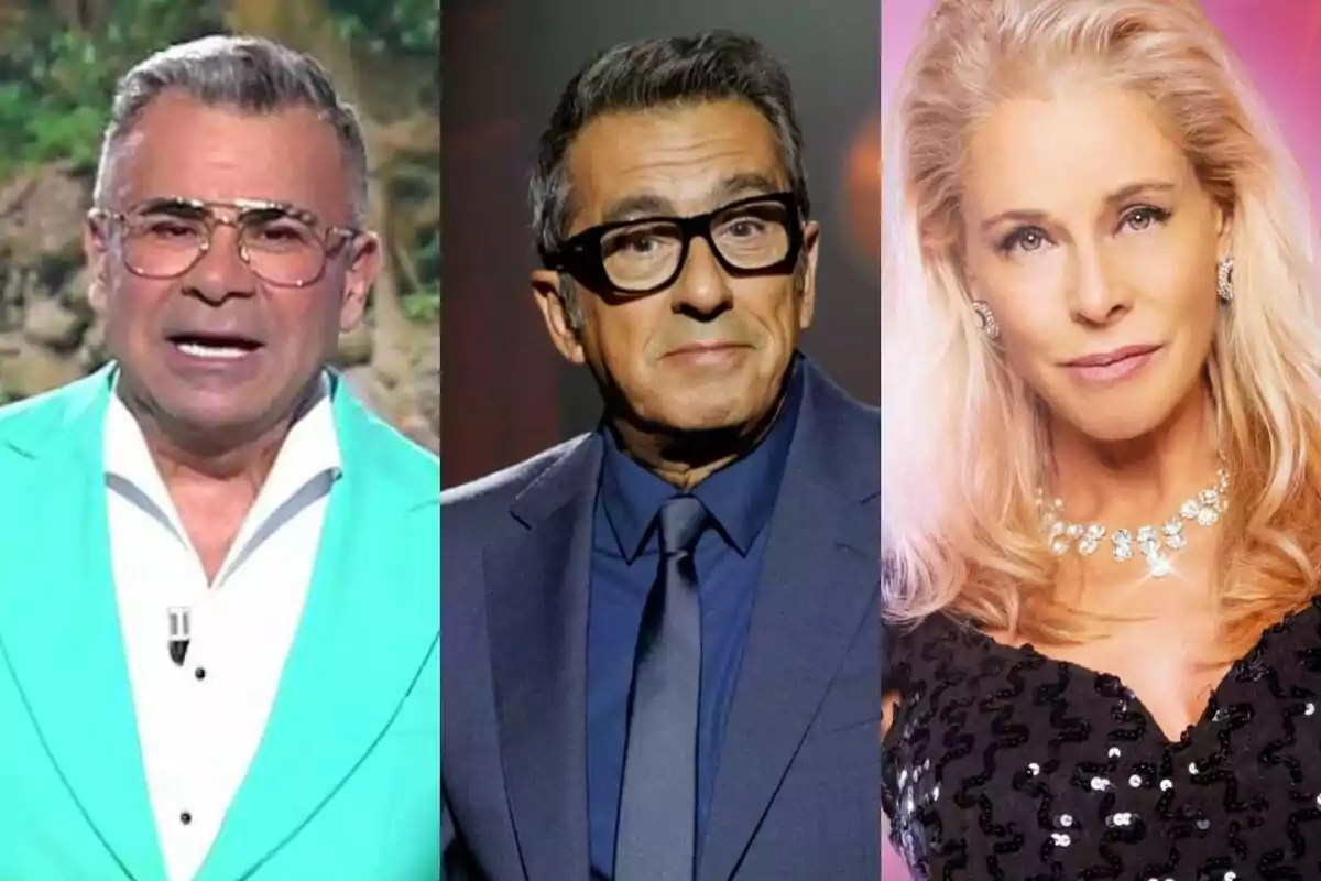 Tres personas posan en un collage, cada una en una sección diferente de la imagen; Jorge Javier Vázquez en Supervivientes lleva un traje turquesa, Andreu Buenafuente en Futuro Imperfecto un traje oscuro con gafas y Belén Rueda en Eva & Nicole un vestido negro con joyas.