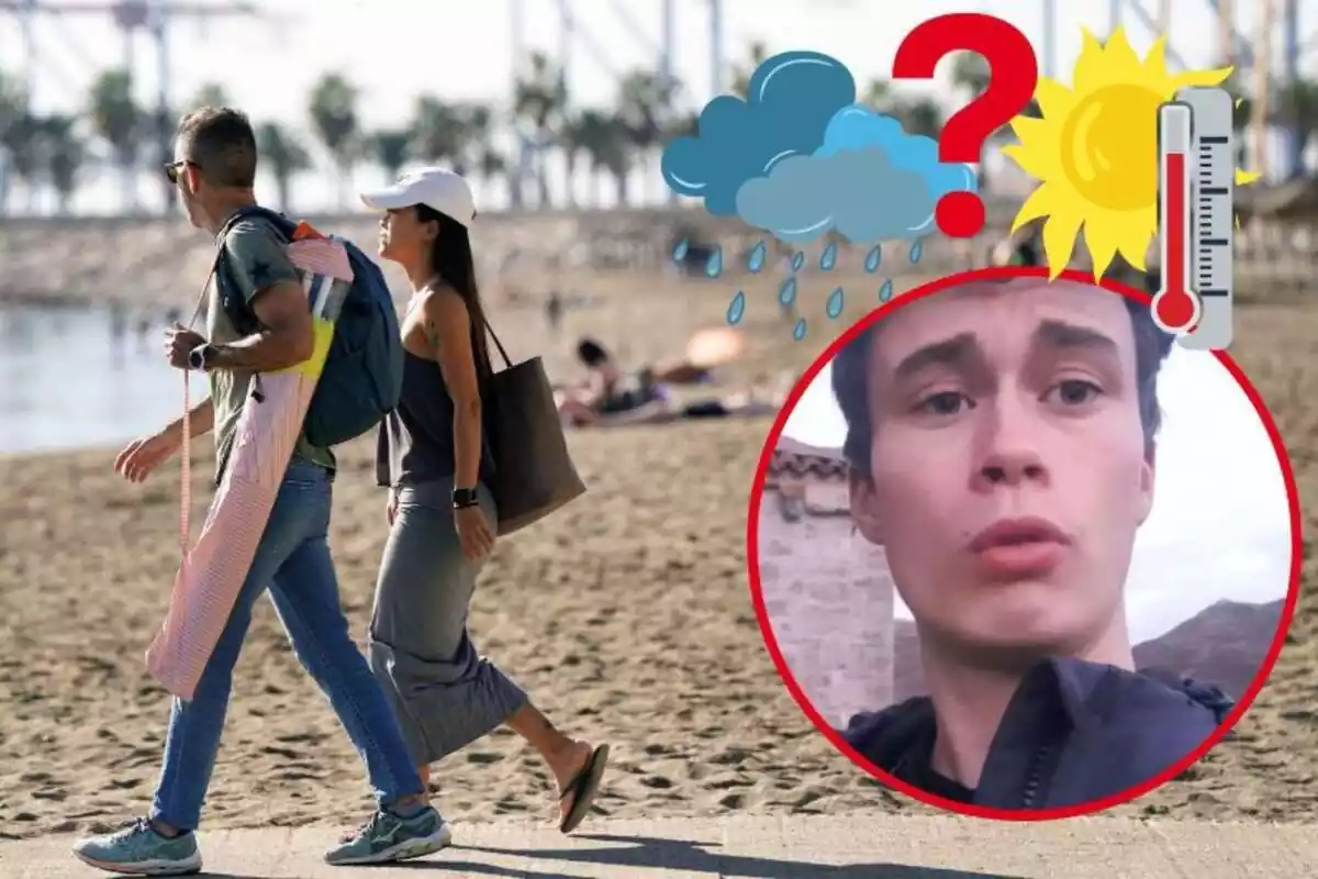 Imagen de fondo de varias personas en la playa junto a otra imagen de Jorge Rey y varios emoticonos de un termómetro, unas nubes y un interrogante