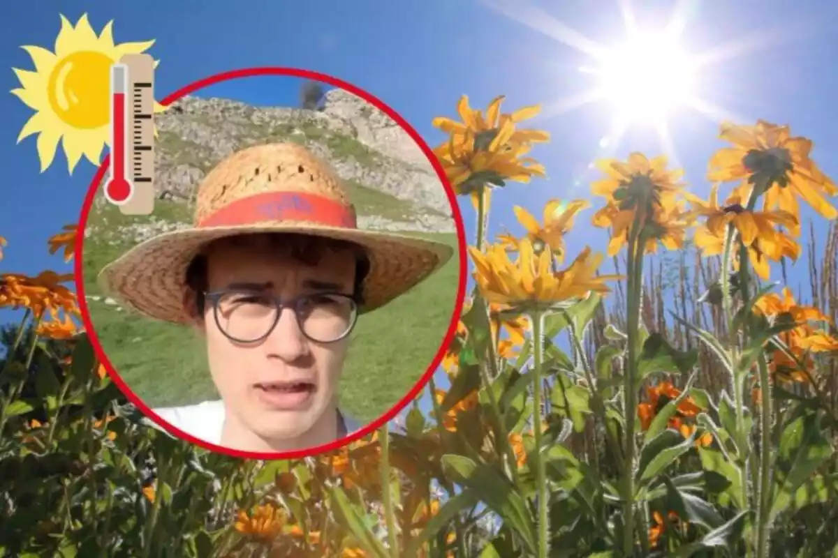 Imagen de fondo de un campo de flores amarillas con el sol en el cielo, junto a otra imagen en primer plano de Jorge Rey con un gorro de paja y un emoticono de un sol y un termómetro
