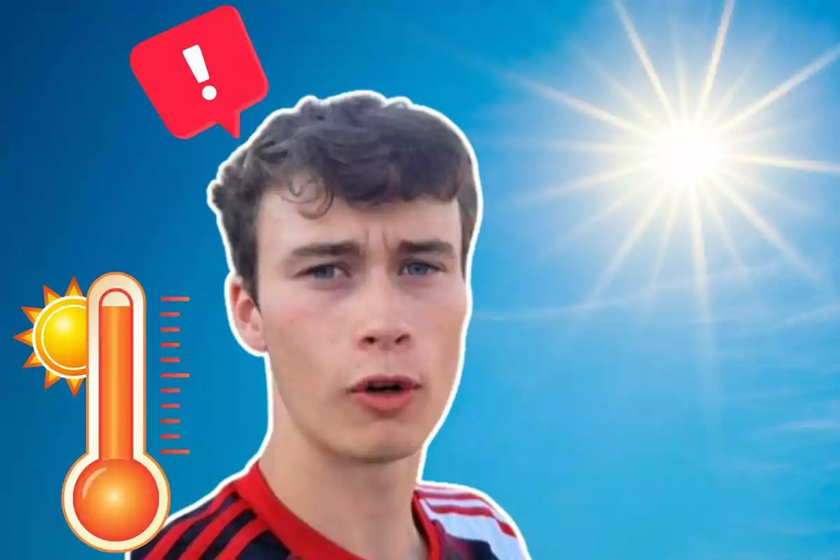 Un hombre con una camiseta de rayas rojas y negras aparece en primer plano, con un cielo azul y un sol brillante en el fondo, acompañado de un termómetro que indica altas temperaturas y un icono de advertencia. Un hombre con una camiseta de rayas rojas y negras aparece en primer plano, con un cielo azul y un sol brillante en el fondo, acompañado de un termómetro que indica altas temperaturas y un icono de advertencia.