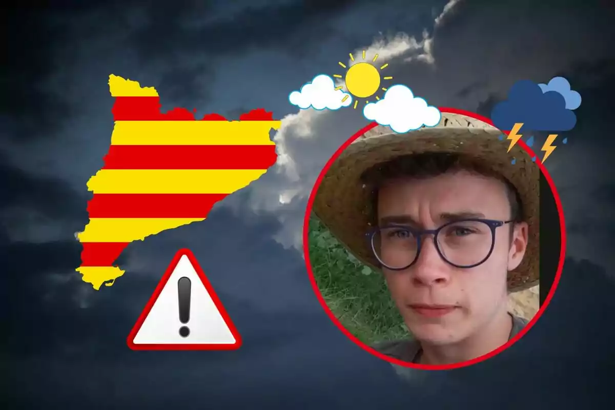 Mapa de Cataluña con franjas rojas y amarillas, iconos de sol y nubes, y una persona con gafas y sombrero de paja dentro de un círculo rojo.