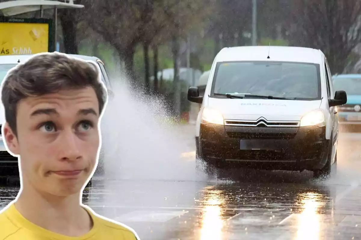 Imagen de fondo de un coche circulando con lluvia y otra de la cara de Jorge Rey