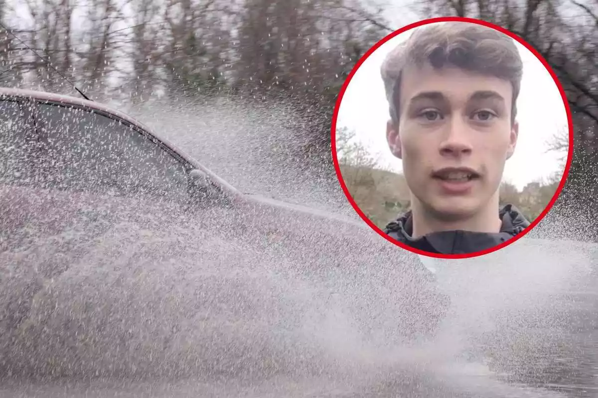 Montaje con una imagen de fondo de un coche salpicando agua y otra de Jorge Rey en primer plano