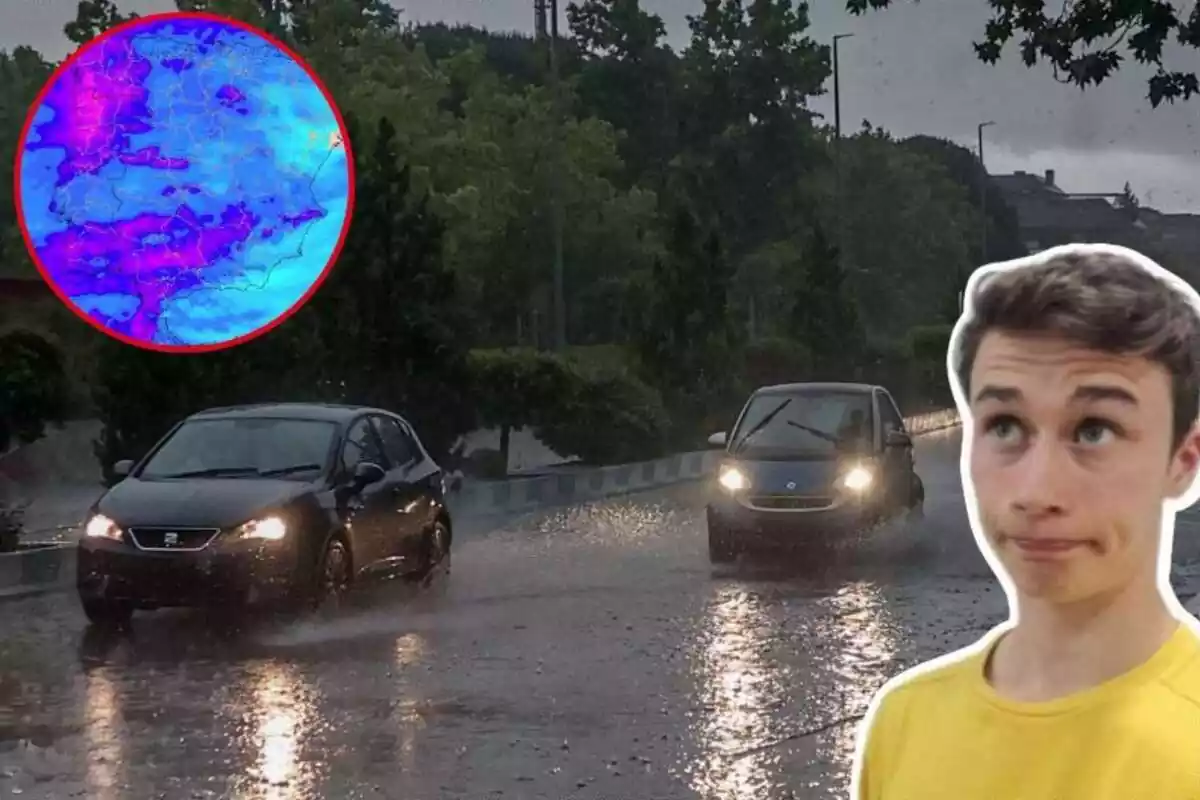 Imagen de fondo de unos coches circulando por carreteras con lluvia y otra de Jorge Rey junto a otra de un mapa de acumulación de lluvias