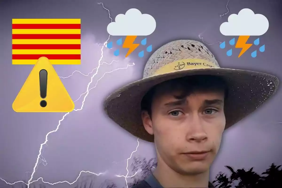 Un joven con sombrero de paja aparece en primer plano, con un fondo de relámpagos y nubes de tormenta, acompañado de un símbolo de advertencia y una bandera con franjas rojas y amarillas.