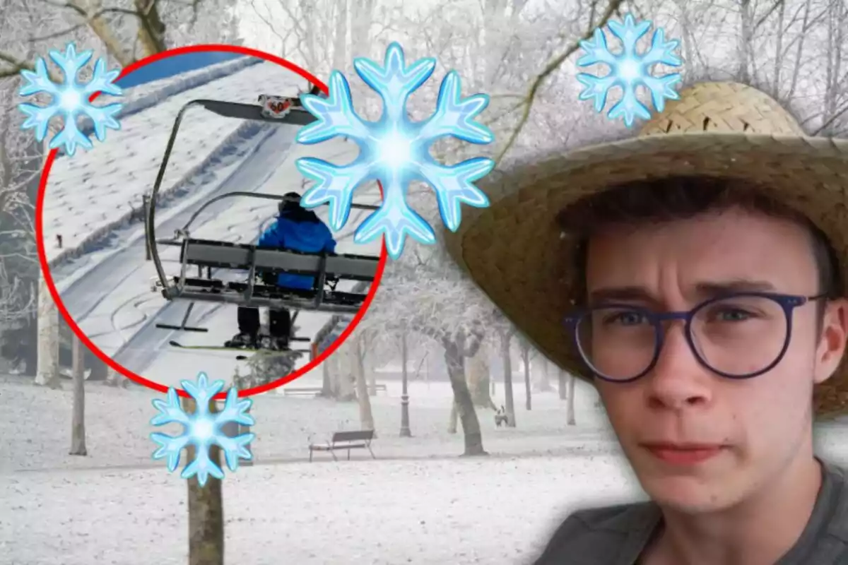 Un joven con gafas y sombrero aparece en un paisaje nevado con un teleférico en un círculo rojo y copos de nieve decorativos.