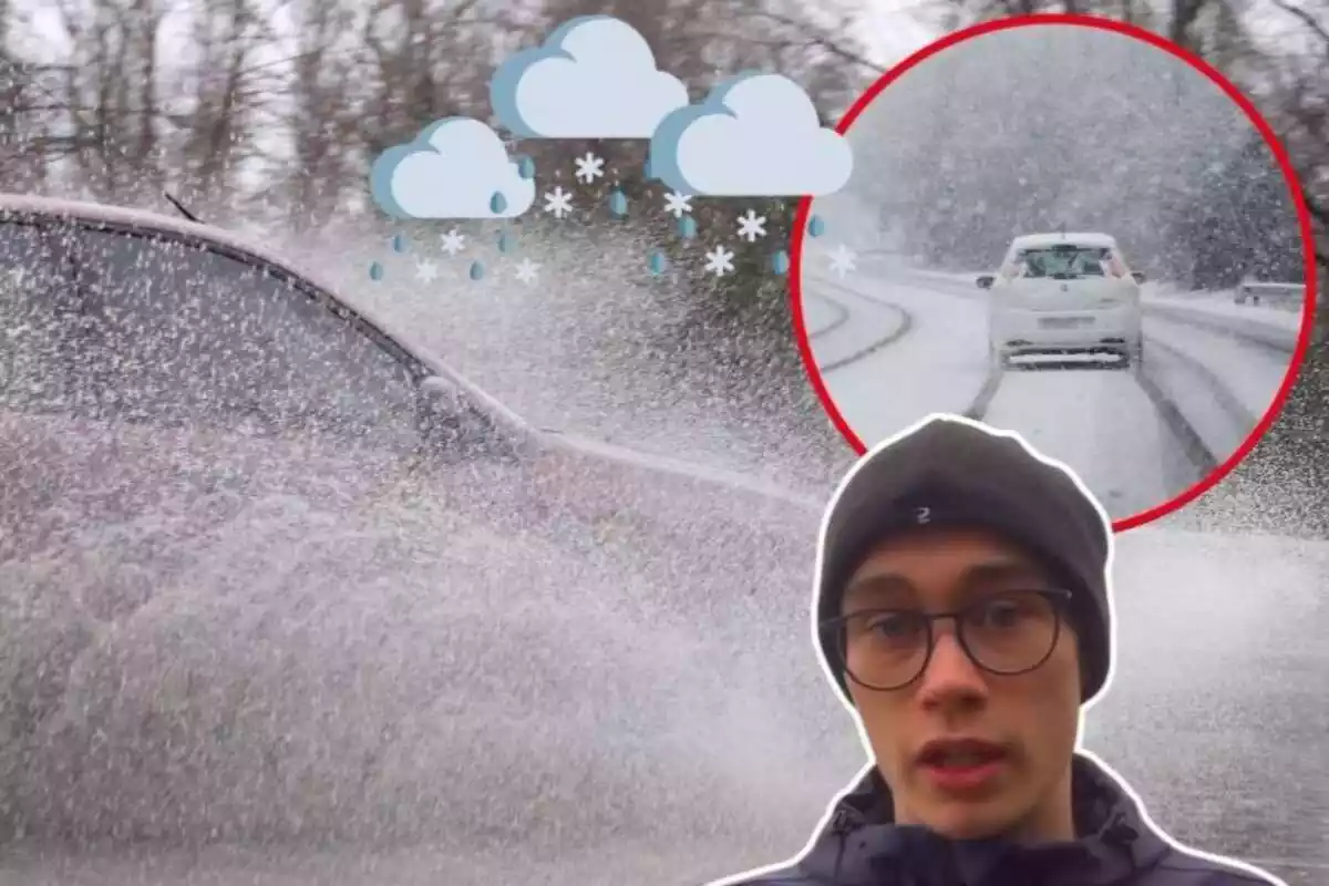 Imagen de fondo de un coche por una carretera encharcad levantando agua junto a otra imagen de un coche por una carretera nevada y otra imagen de Jorge Rey, además de unos emoticonos de nubes con nieve y lluvia