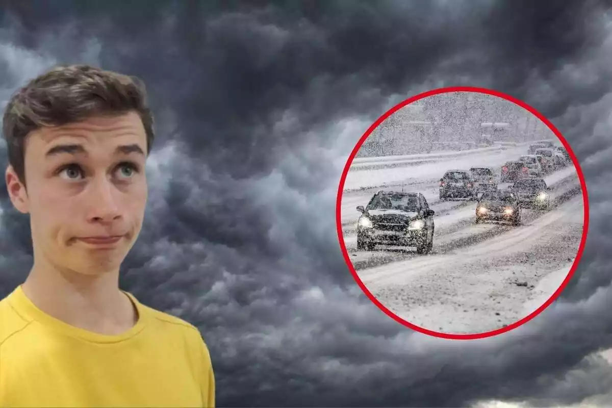 Montaje con una imagen de fondo de un cielo negro, una imagen de Jorge Rey superpuesta y otra imagen en un círculo de una carretera con coches nevada