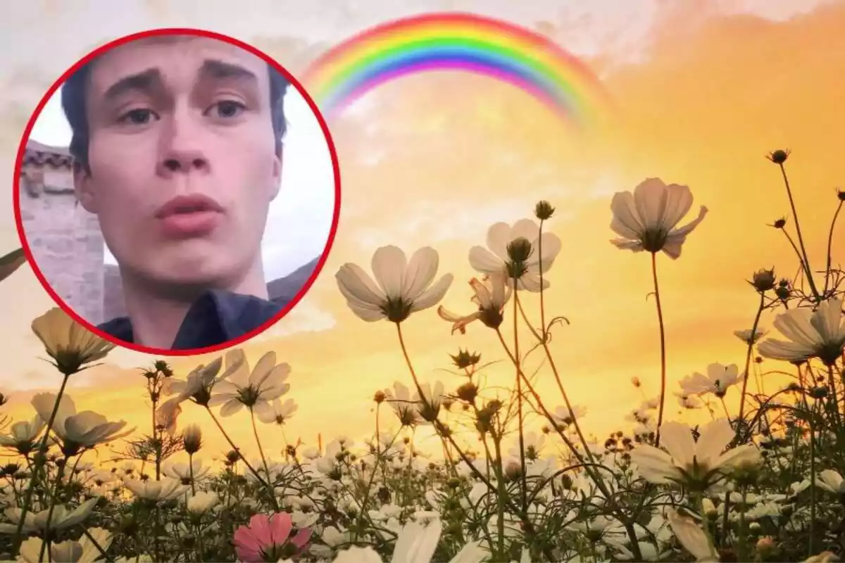 Imagen de fondo de un campo de flores junto a una imagen en primer plano de Jorge Rey y un emoticono de un arcoiris