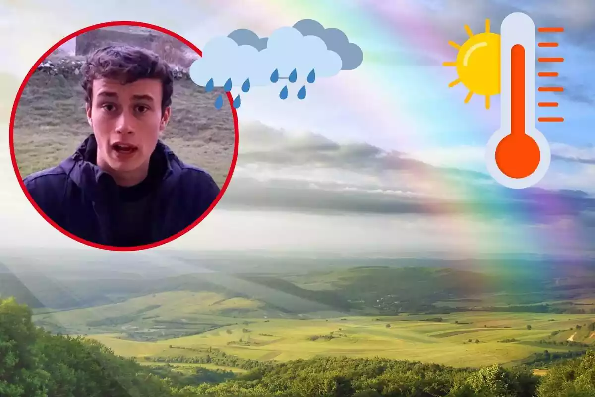 Imagen de fondo de un campo verde con el sol saliendo y un arcoíris y otra imagen de Jorge Rey en primer plano, además de algunos emoticonos de lluvia y de un termómetro con un sol