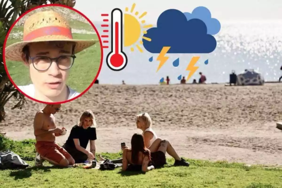 Imagen de fondo de varias personas en la playa de la Malagueta en un día de calor de primavera y otra imagen de Jorge Rey en uno de sus vídeos, además de dos emoticonos, de termómetro marcando calor y de tormentas
