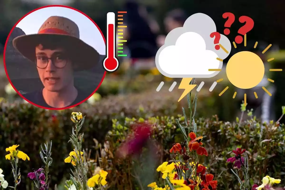 Imagen de fondo de varias flores en un prado, junto a una imagen de Jorge Rey y emoticonos de temperatura, sol, tormenta e interrogantes