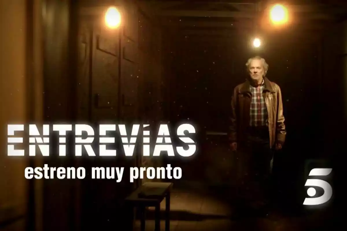 Imagen promocional de la serie "Entrevías" de José Coronado con el texto "estreno muy pronto" y el logotipo de Telecinco