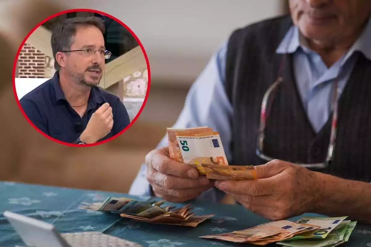 Una imagen de fondo de un hombre contando billetes de 50 y 100 euros y otra imagen del experto José Ignacio Conde