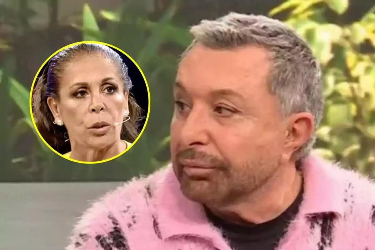 José Manuel Parada con barba y cabello corto mira hacia un lado mientras lleva un suéter rosa en D Corazón; en la esquina superior izquierda hay un círculo con la imagen de Isabel Pantoja con micrófono.