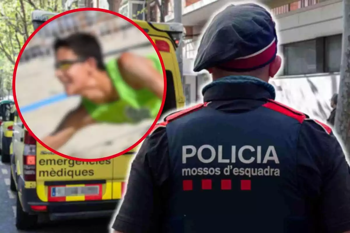 Un agente de la policía de los Mossos d'Esquadra está de espaldas, mientras que en el fondo se ven ambulancias de emergencias médicas y un recuadro con la imagen borrosa de una persona con gafas deportivas y camiseta verde.