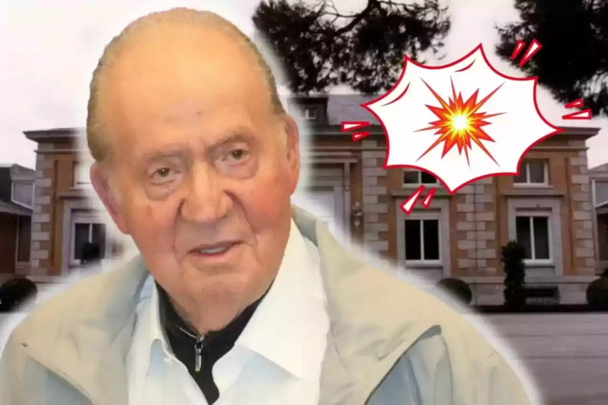 Un hombre mayor frente a un edificio con un gráfico de explosión al lado.