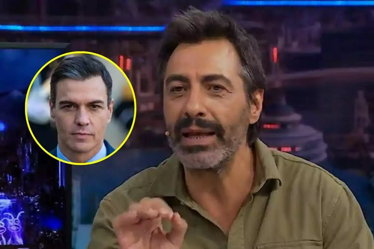 Juan del Val con expresión seria hablando en la tertulia de El Hormiguero con una imagen de Pedro Sánchez en un círculo amarillo en la esquina.