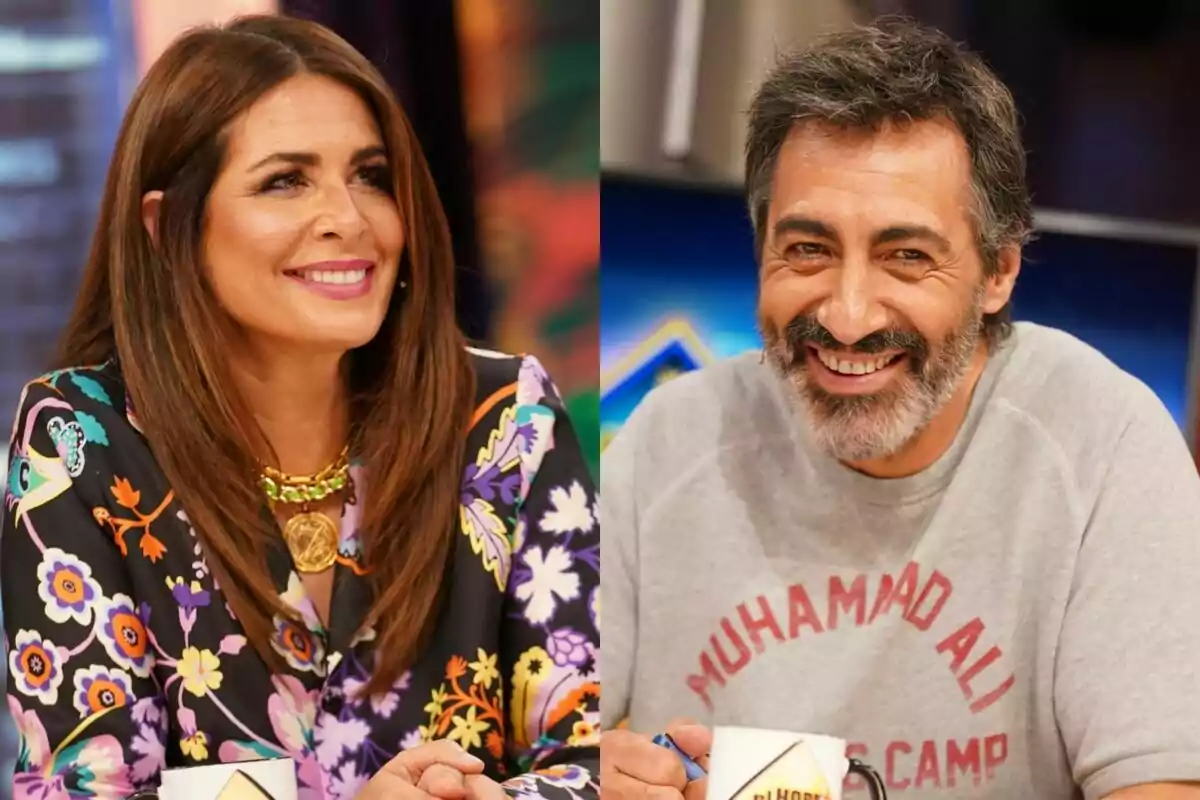 Nuria Roca y Juan del Val sonríen mientras están sentadas en 'El Hormiguero', una mujer lleva una blusa colorida y un hombre viste una camiseta gris.