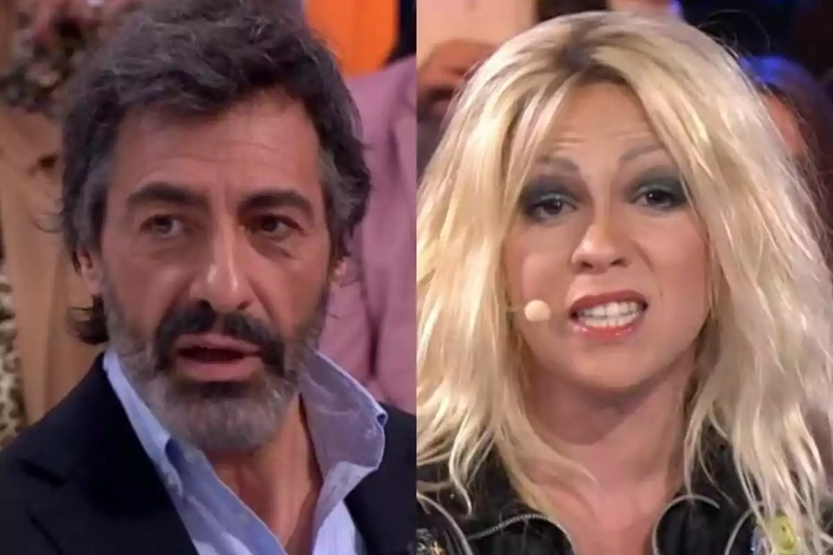Dos personas en primer plano durante un programa de televisión, Juan del Val con barba y cabello oscuro en La Roca y Yenesi con peluca rubia y maquillaje llamativo en Tu Cara Me Suena, ambas con expresiones serias.