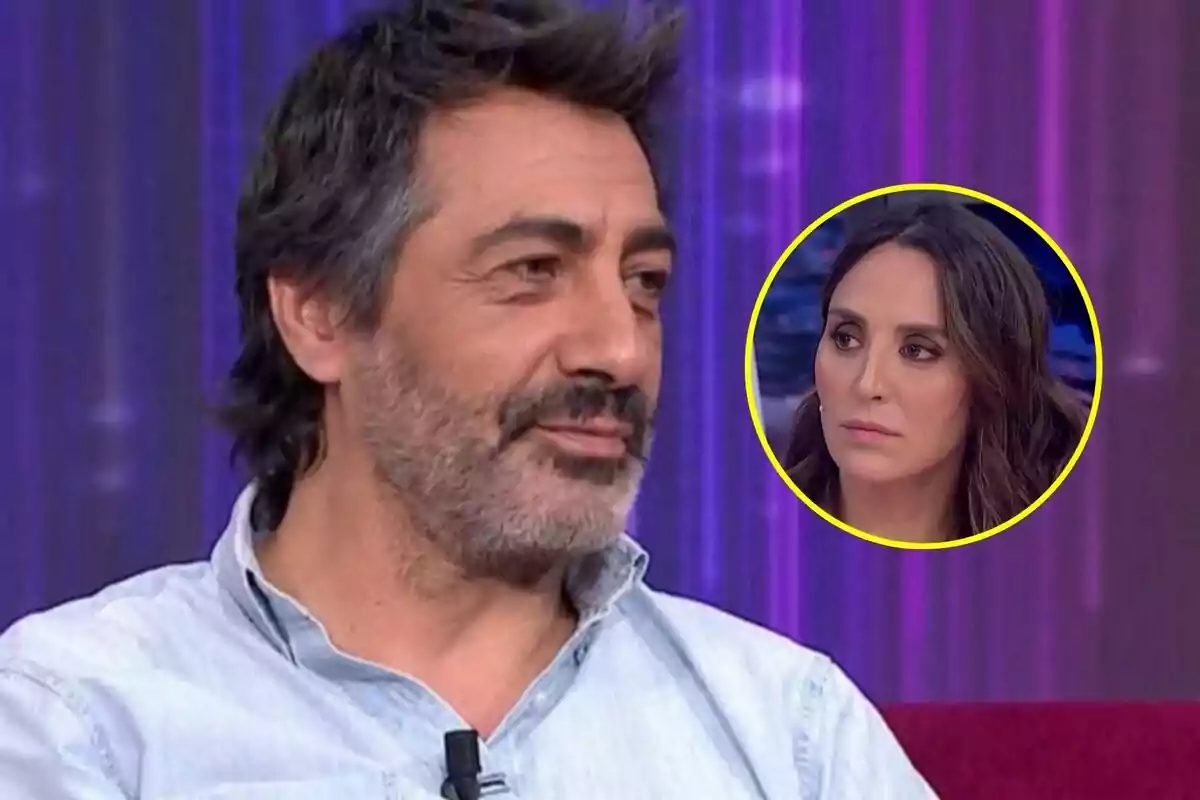 Juan del Val con barba y cabello oscuro en La Roca con una imagen circular de Tamara Falcó en la esquina superior derecha sobre un fondo púrpura.