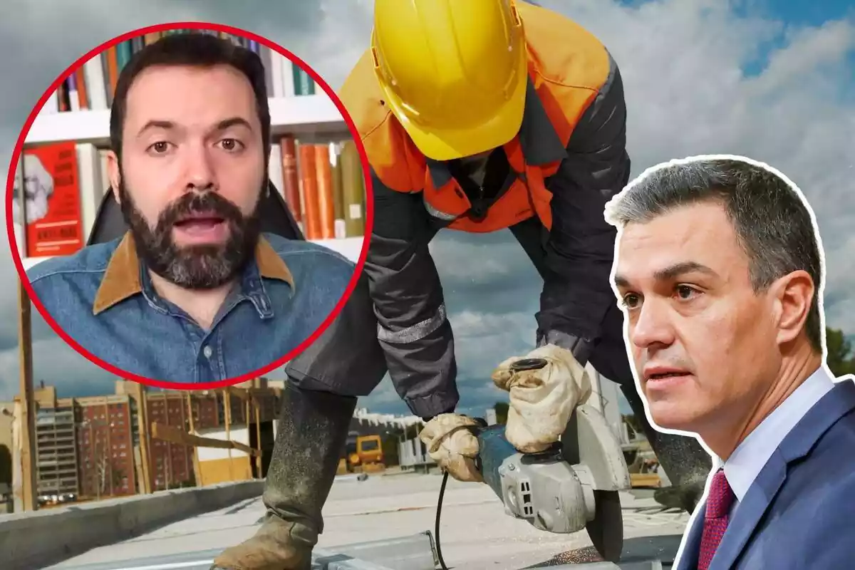 Montaje con una imagen de fondo de un trabajador y otra de el economista Juan Ramón Rallo y de Pedro Sánchez