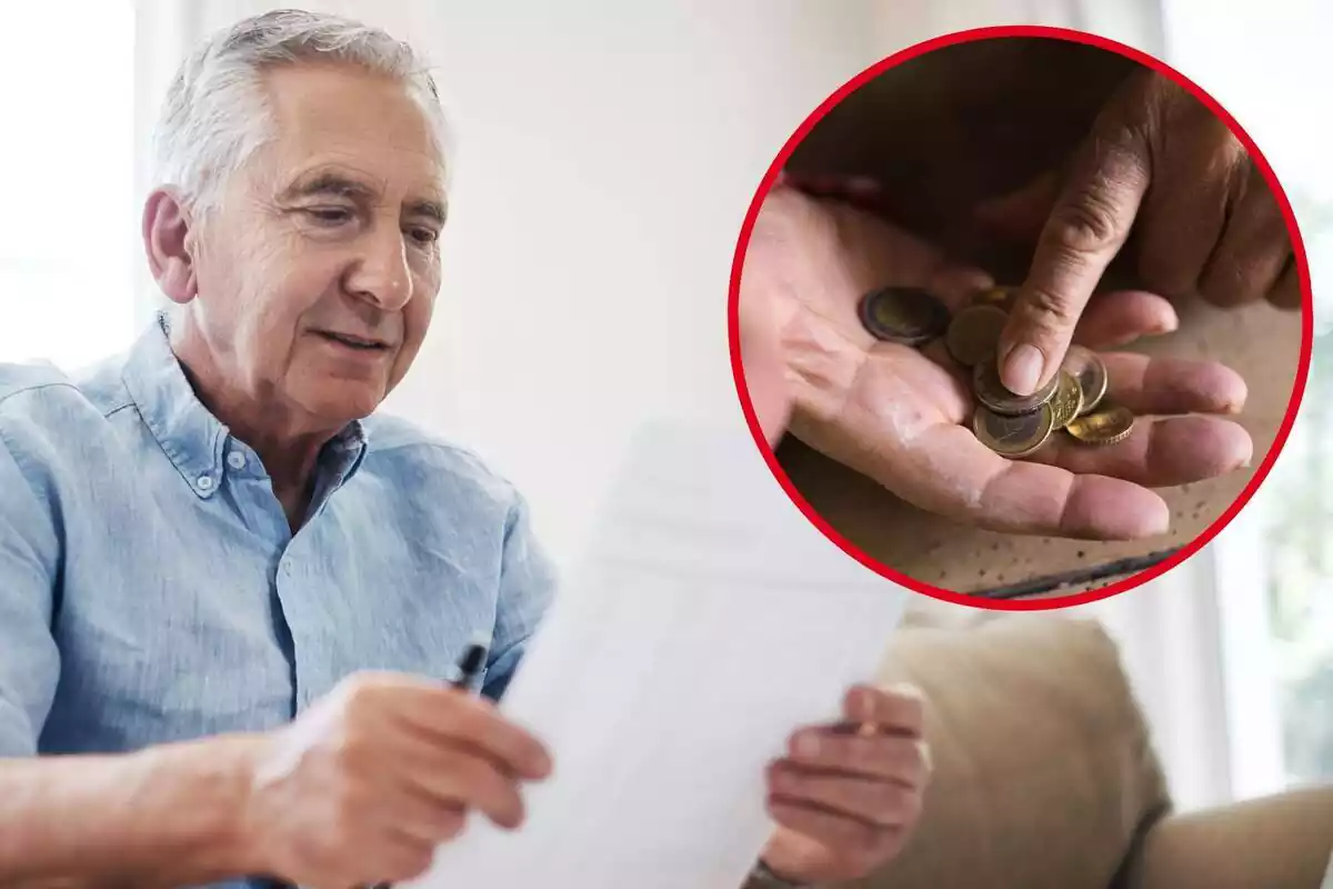 Imagen de fondo de un hombre mayor con papeles en la mano y otra imagen de unas manos de persona adulta con monedas de euros en la mano