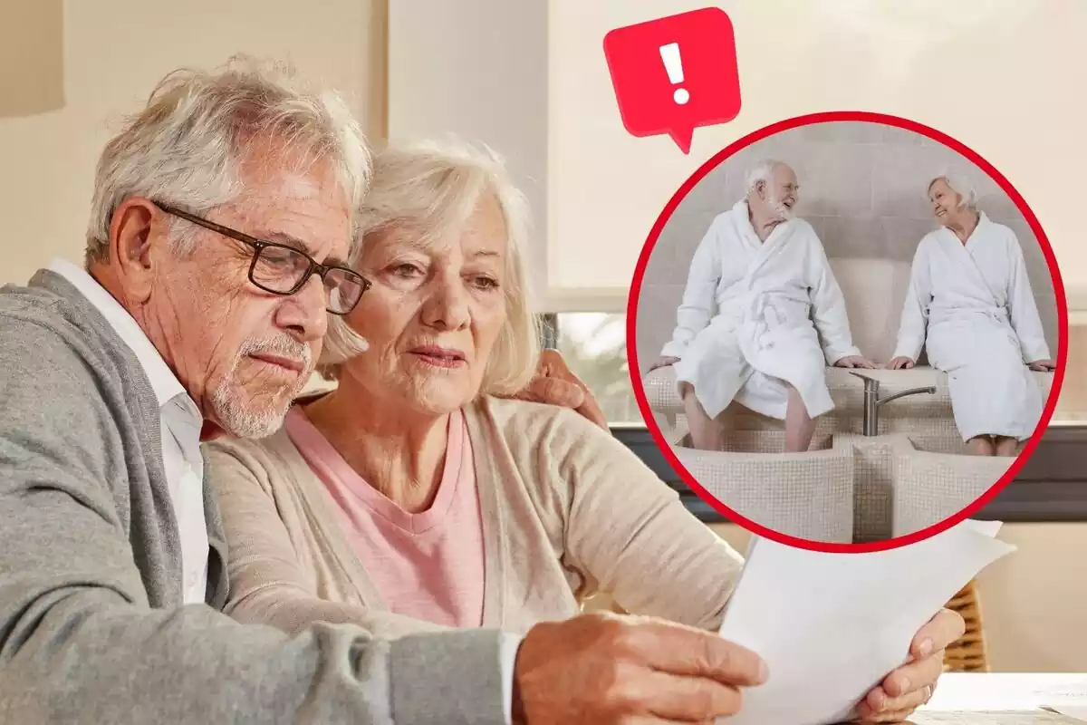 Imagen de fondo de dos personas mayores mirando unos papeles y otra imagen superpuesta de dos personas también mayores en un balneario con un albornoz