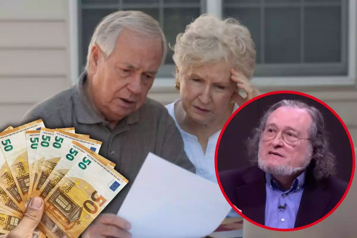 Un matrimonio de jubilados revisan un papel, con unos billetes de 50 euros en la parte inferior izquierda, y en el círculo, Santiago Niño Becerra