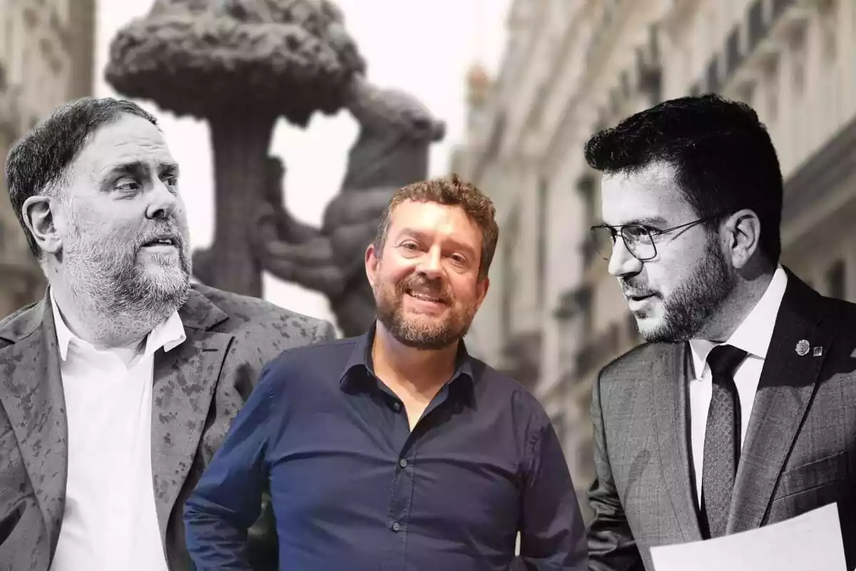 Montaje con los Políticos de ERC, Oriol Junqueras, Francesc Marc Àlvaro y Pere Aragonès, con el Oso y el Madroño de Madrid de fondo