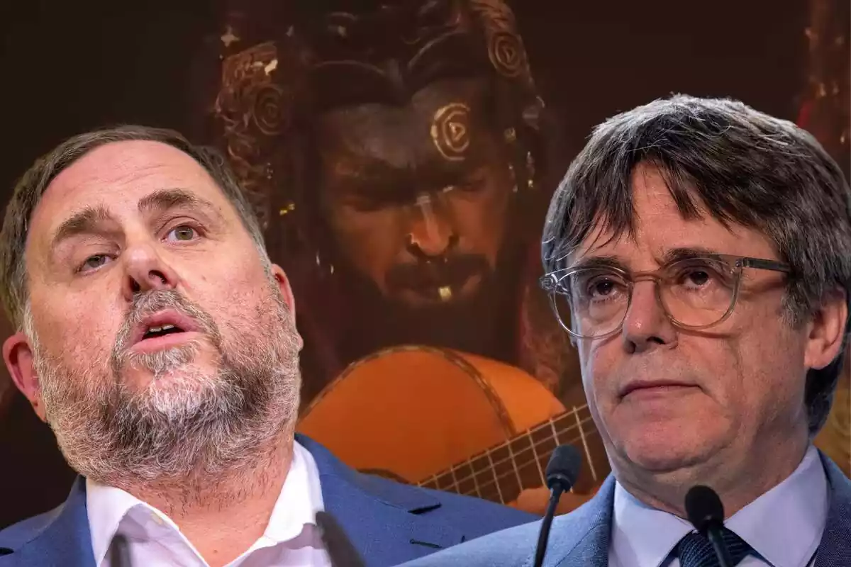 Montaje con un plano corto de la cara de Oriol Junqueras y Carles Puigdemont y de fondo la imagen de un hombre disfrazado tocando la guitarra en una chirigota de Cádiz