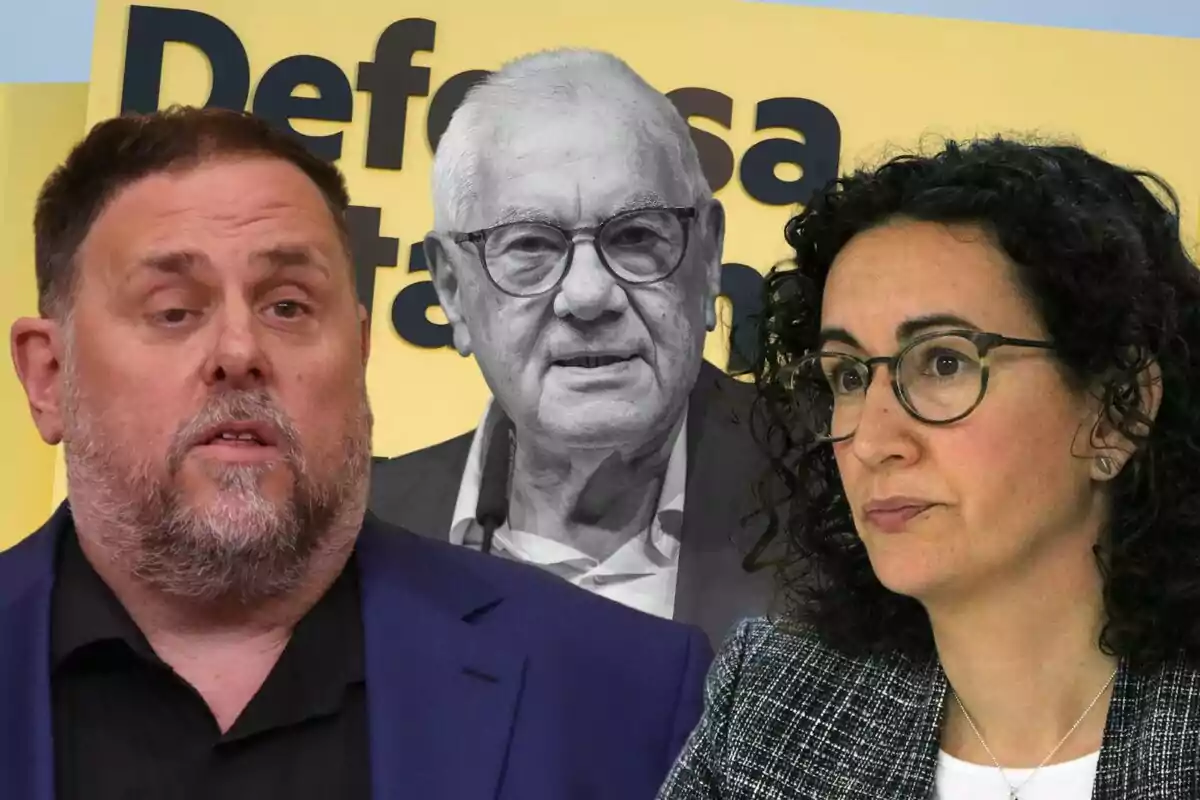 Tres personas aparecen en la imagen, Oriol Junqueras y Marta Rovira en primer plano y Ernest Maragall en el fondo, con un cartel amarillo detrás de ellos.