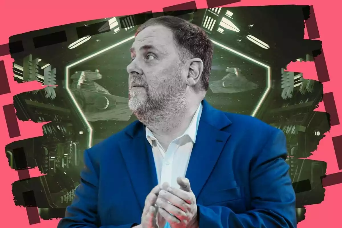 Oriol Junqueras frente a un fondo de ciencia ficción con naves espaciales y un marco rosa.