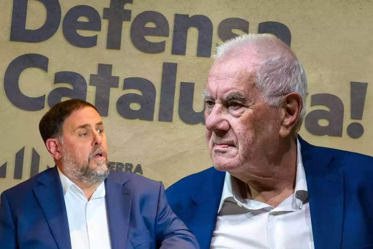 Montaje fotográfico con los políticos de ERC Oriol Junqueras y Ernest Maragall, con un cartel de su partido de fondo