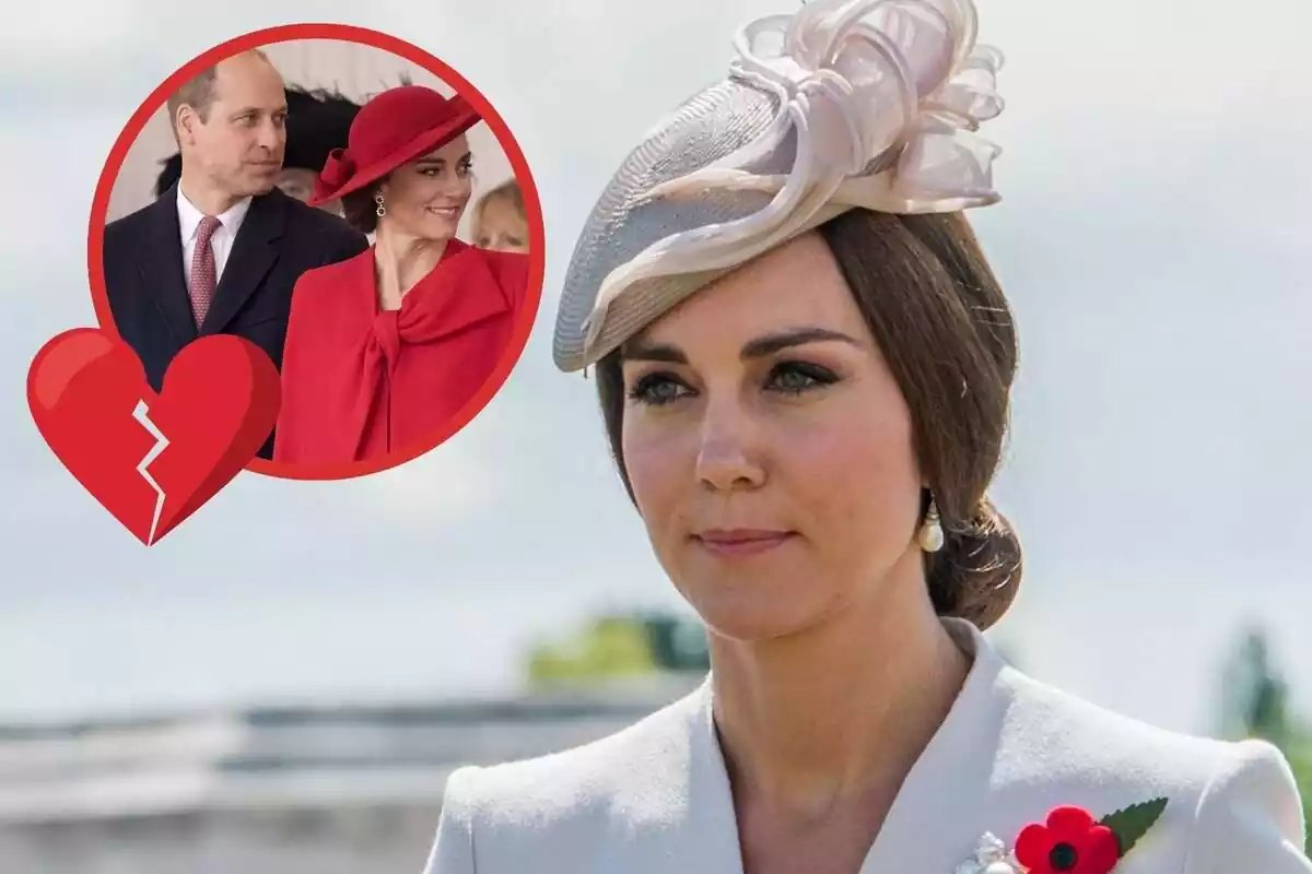 Kate Middleton y una imagen de ella con el príncipe Guillermo y un corazón roto