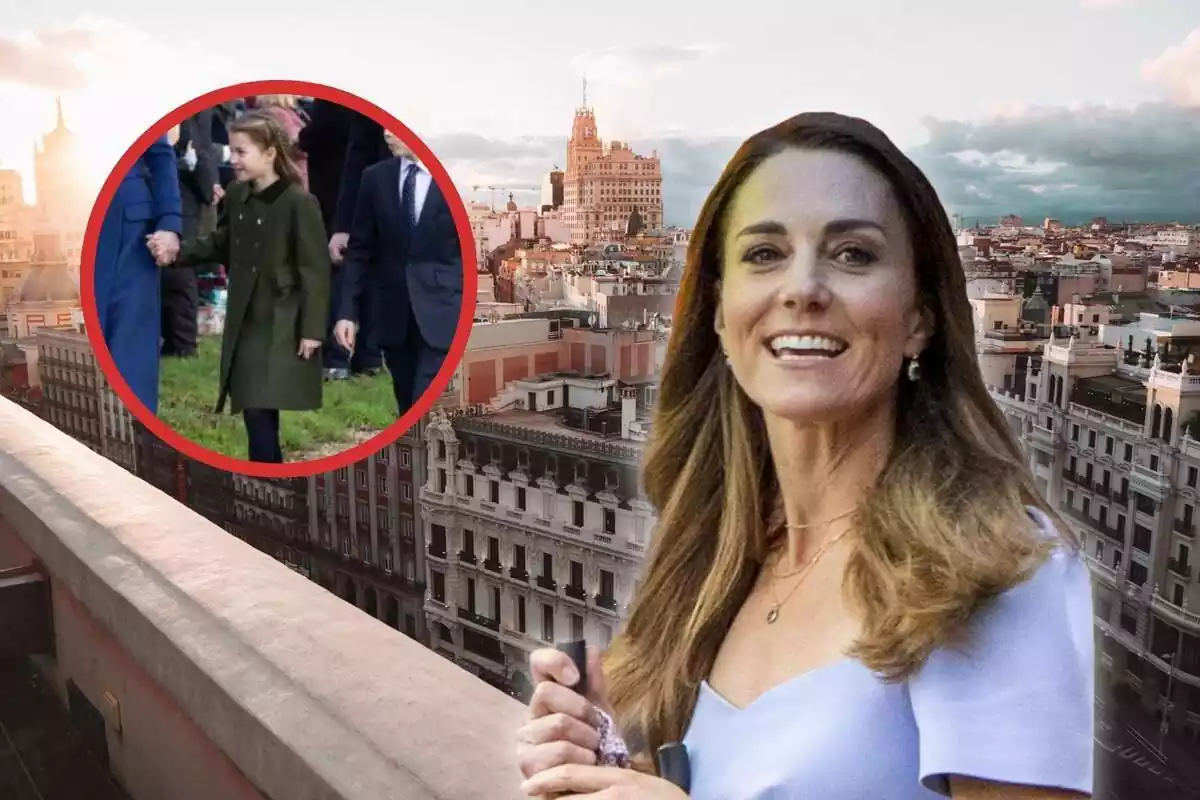 Kate Middleton sobre un fondo de madrid y a su lado un círculo con su hija Charlotte