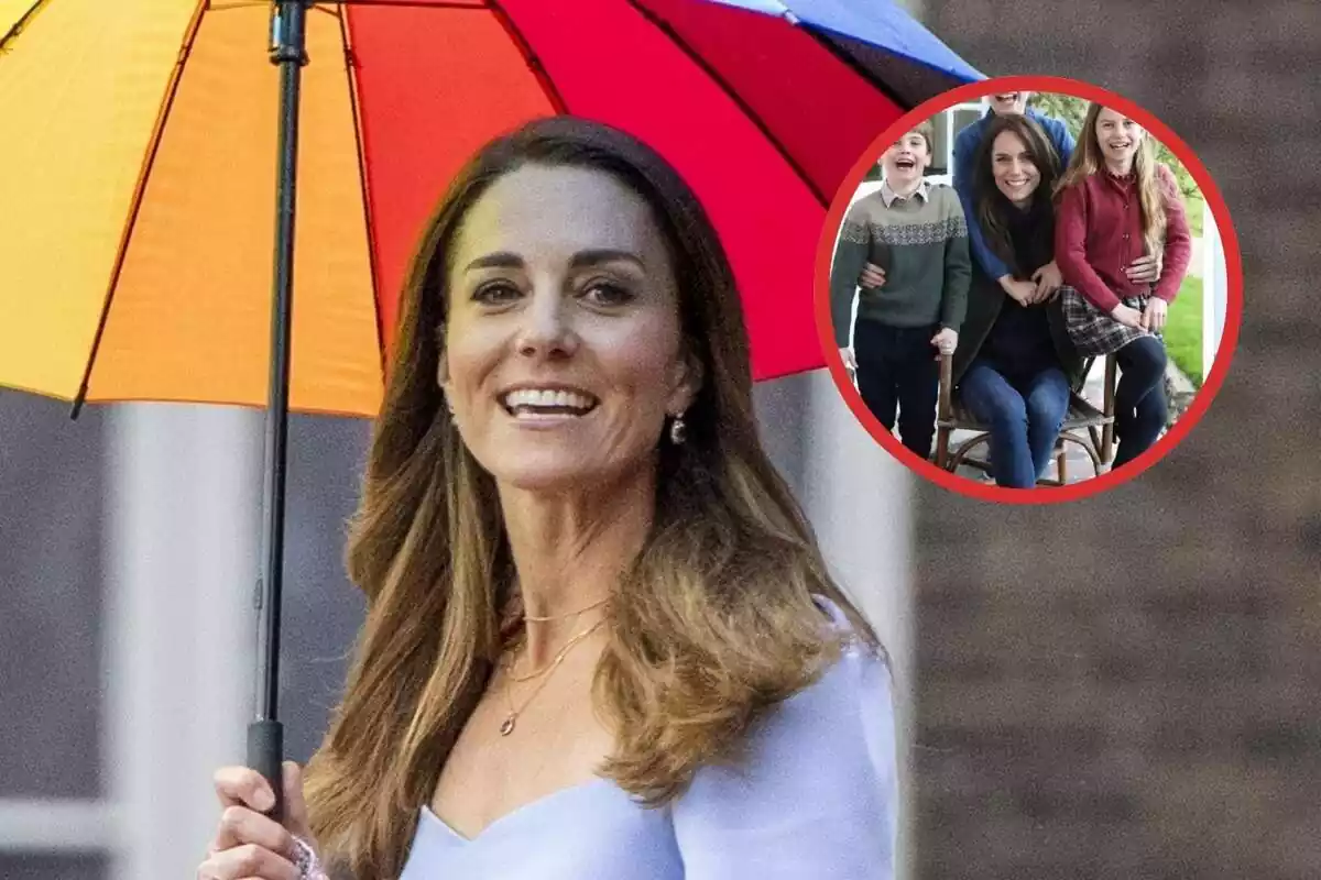 Kate Middleton con un paraguas y a su derecha un círculo de una imagen de ella con sus hijos