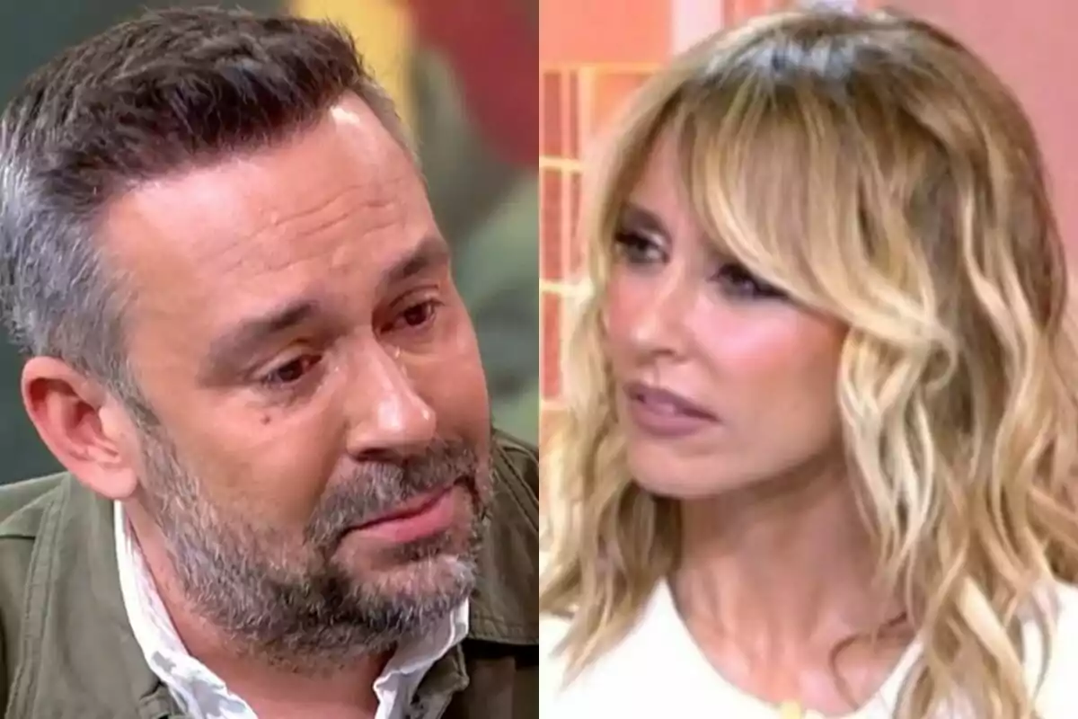 Dos personas en Fiesta, Kike Calleja emocionado mientras Emma García le observa.