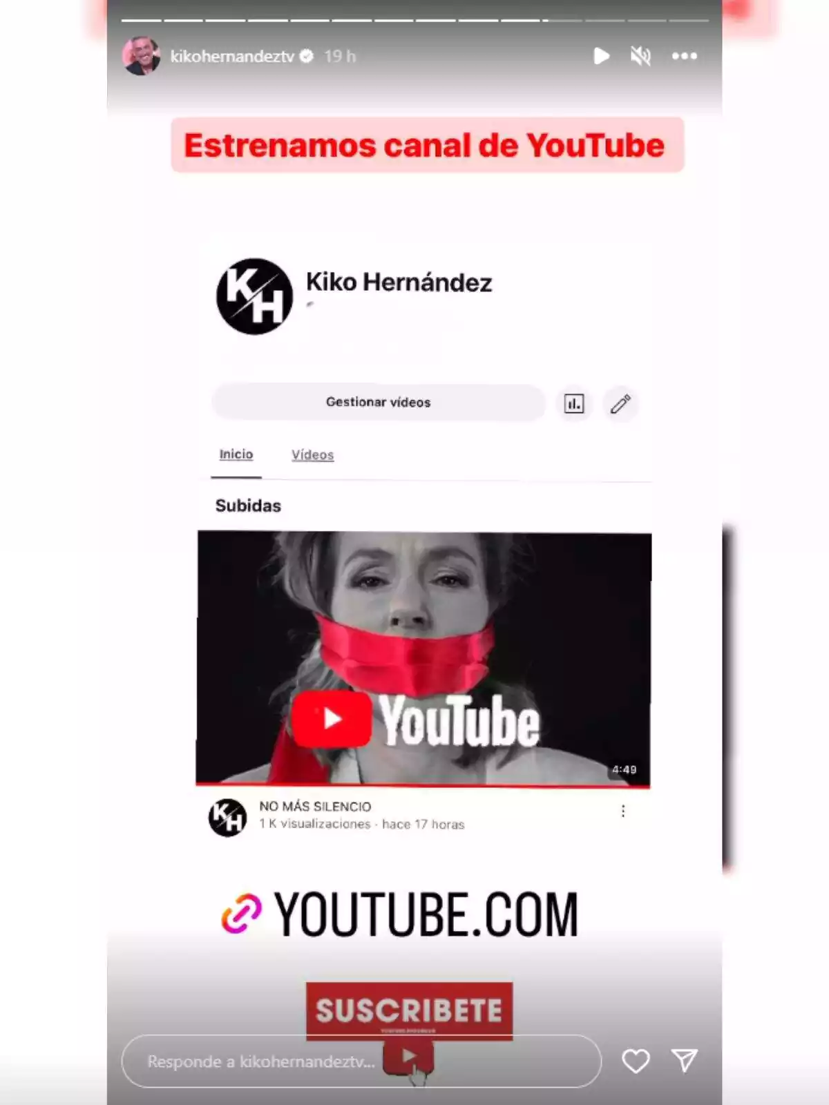 Storie de Kiko Hernández en Instagram anunciando el nuevo canal de YouTube el 19 de noviembre de 2023