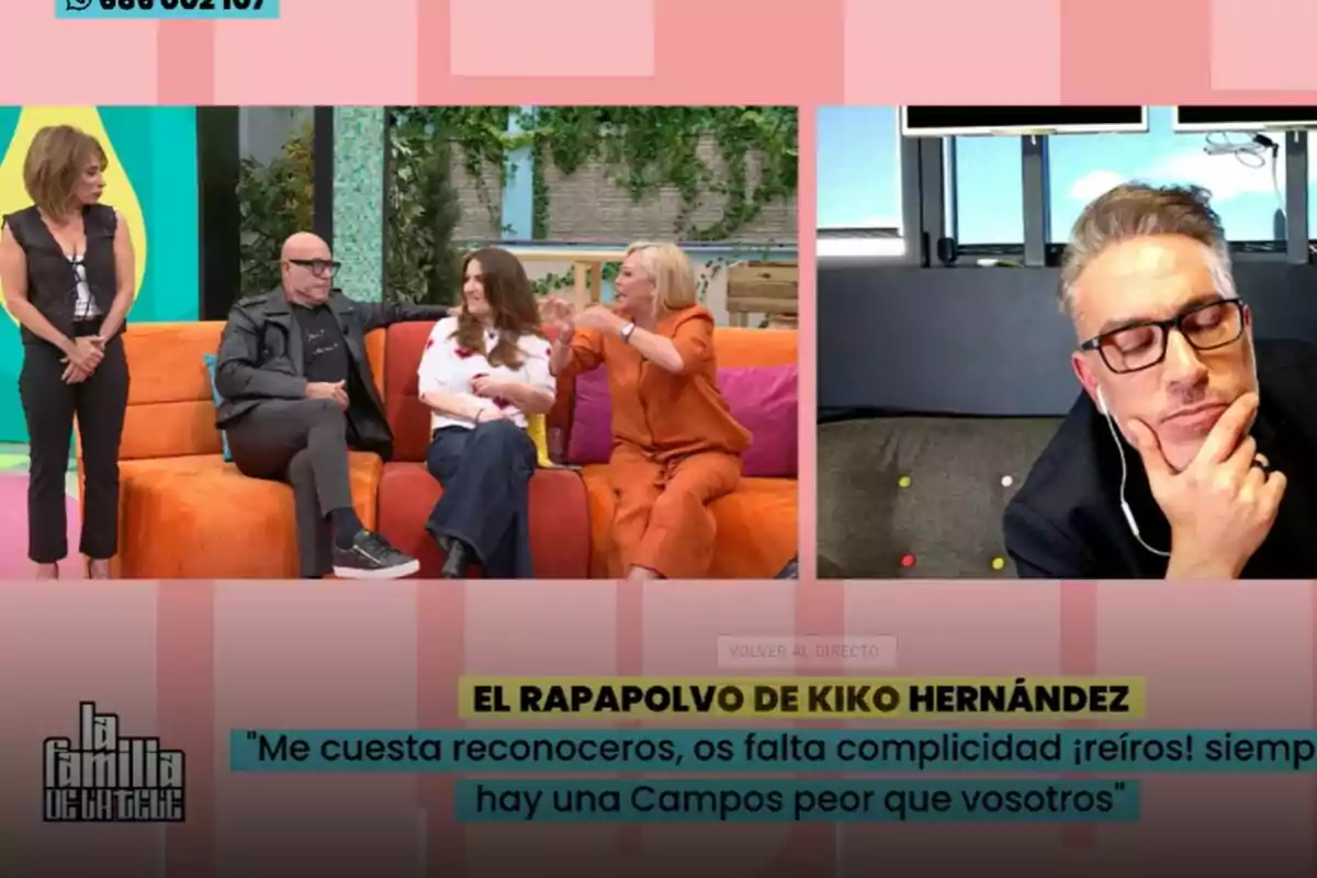 Un grupo de personas formado por María Patiño, Kiko Matamoros, Laura Fa y Belén Esteban está sentado en un sofá colorido en La Familia de la Tele mientras Kiko Hernández aparece en una videollamada en la pantalla a la derecha. Un grupo de personas formado por María Patiño, Kiko Matamoros, Laura Fa y Belén Esteban está sentado en un sofá colorido en La Familia de la Tele mientras Kiko Hernández aparece en una videollamada en la pantalla a la derecha.