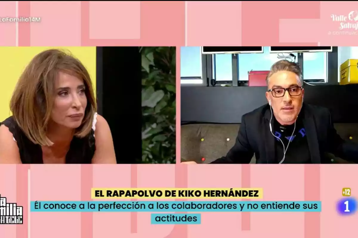 María Patiño y Kiko Hernández están participando en una conversación en La Familia de la Tele, una mujer a la izquierda y un hombre a la derecha, con un texto en la parte inferior que menciona un comentario crítico de Kiko Hernández sobre los colaboradores.